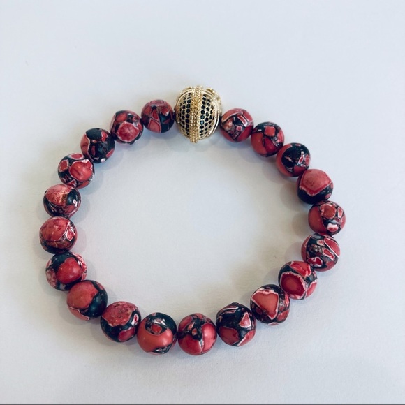 HAND CRAFTED Gladiator & Imperial Jasper Stretch Bracelet 6.5” Red Gold NWT - Picture 6 of 15